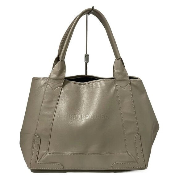 Auth BALENCIAGA Navy Cabas S 339933 Beige Leather - Tote Bag - Picture 2 of 12